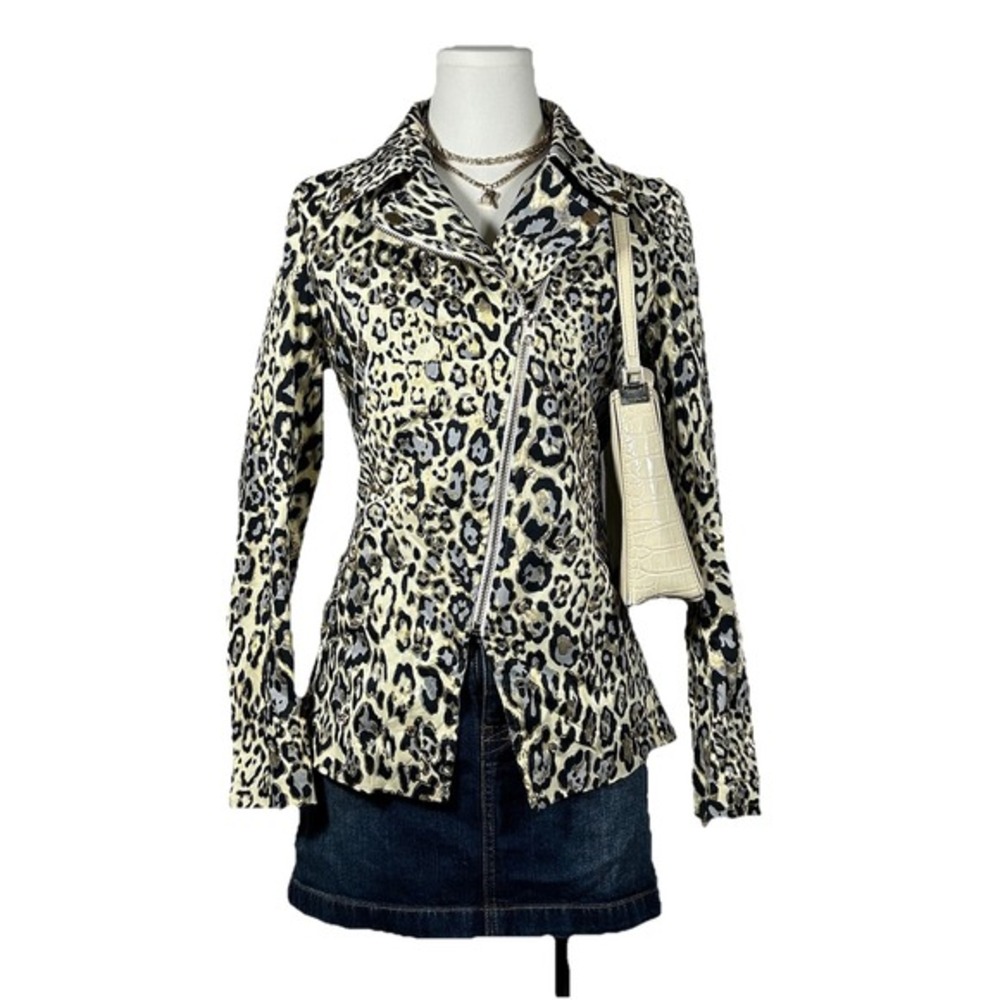 Y2K Leopard Print Zip Up Blazer Rhinestones Bling Mob Wife Glam Womens S